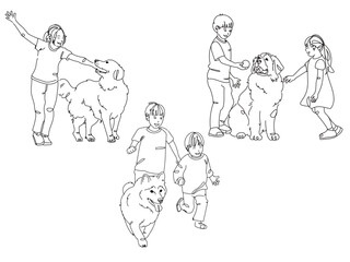 kids and dogs line drawings, set