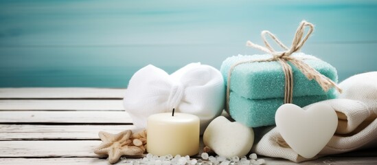 Copy space is available for bath spa accessories including heart shaped bath bombs sea salt towels and handmade soap These items contribute to beauty and body treatment promoting healthy re - obrazy, fototapety, plakaty