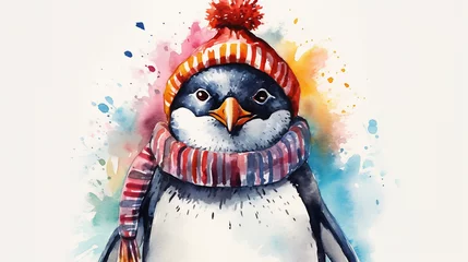 Fotobehang Watercolor painting of cute penguin with scarf and bobble hat, christmas winter concept, copy space © Aul Zitzke