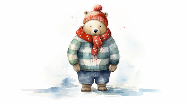 Watercolor painting of cute ice bear with scarf and bobble hat, christmas winter concept, copy space