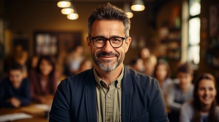 Portrait of a male teacher in a school auditorium looking into the camera, with students in the background.