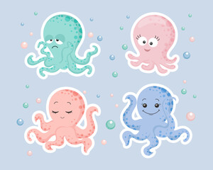Set of cute cartoon octopus characters. Pastel colors. Design for baby card, stickers, prints, vector