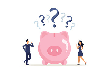Wealth concept, confused man and woman with piggy bank and question marks. Financial question or savings problem, doubt or confusion, banking or economic uncertainty. Vector illustration