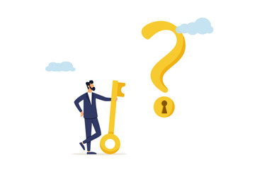 Smart businessman holding a golden key to unlock the keyhole on a question mark. The key is to unlock the answer to a problem and questions, a solution or reason to solve a problem, wisdom or understa