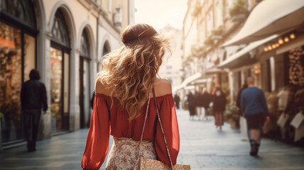 attractive blonde woman with shopping bags walking on a city street.