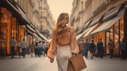 attractive blonde woman with shopping bags walking on a city street.