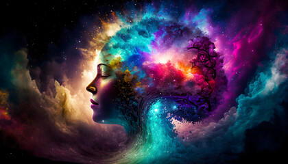 Galaxy woman head thoughts in a multicolor cloudy mind.