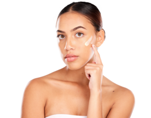 Beauty woman, portrait and apply cream for collagen glow, anti aging or facial acne treatment, wellness or self care. Face, spa skincare or model hydration moisturizer on transparent, png background