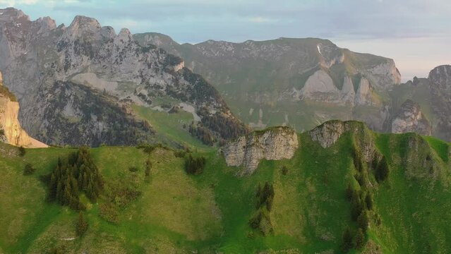 Sunset at Schaeffler mountain ridge swiss Alpstein, Appenzell Switzerland, a steep ridge of the majestic Schaeffler peak, Switzerland. 4K.