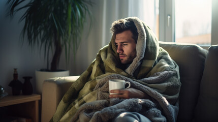 Young sick man on the sofa with a napkin for a runny nose and a hot drink. A man sneezes and blows his nose into a napkin while sitting on the couch at home.