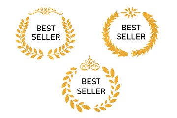 Sticker best seller set isolated premium quality in gold color perfect for mark best seller product. Best seller badge collection. Set of best seller emblem with laurel wreath, crown and star icon.