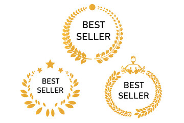 Sticker best seller set isolated premium quality in gold color perfect for mark best seller product. Best seller badge collection. Set of best seller emblem with laurel wreath, crown and star icon.