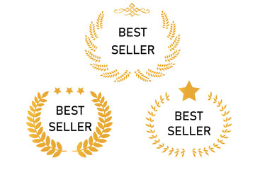 Sticker best seller set isolated premium quality in gold color perfect for mark best seller product. Best seller badge collection. Set of best seller emblem with laurel wreath, crown and star icon.