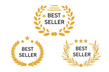 Sticker best seller set isolated premium quality in gold color perfect for mark best seller product. Best seller badge collection. Set of best seller emblem with laurel wreath, crown and star icon.