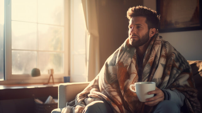 Young sick man on the sofa with a napkin for a runny nose and a hot drink. A man sneezes and blows his nose into a napkin while sitting on the couch at home.