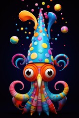 A cartoon octopus wearing a party hat