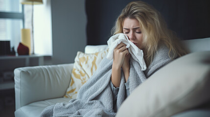 A young woman fell ill, with a runny nose and fever. A woman on a sofa with a napkin for a runny nose is being treated at home. Health concept, virus.