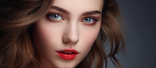 Fototapeta premium A beautiful young girl with reddish eyeliner radiant skin and wavy hair is captured in a close up portrait against a grey backdrop Her natural beauty shines through highlighted by her grace