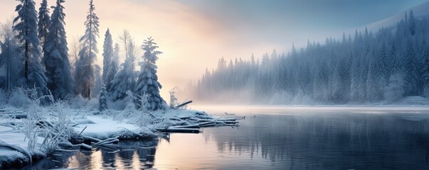 Fototapeta premium beautiful winter nature landscape covered with snow, river shore with woods, Generative Ai