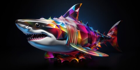 A colorful shark with sharp teeth on a black background