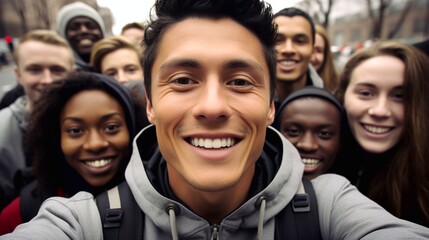Multiethnic students taking a selfie outside.