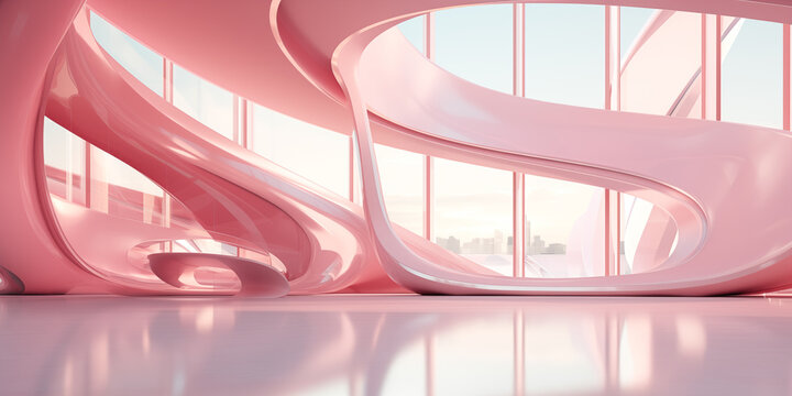 AI illustration of a pink dream house, interior design, luxury, curved portico with huge windows, futuristic digital art, flowing lines, floating structures, soft and dreamy tones, architecture