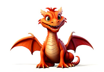 Kind smiling orange little baby dragon looking straight isolated on white background