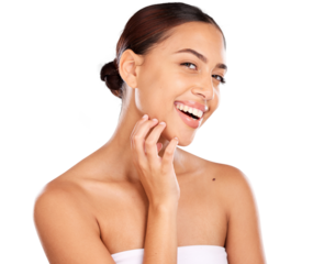 Skincare, beauty and portrait of latin woman isolated on a transparent PNG background for wellness, spa or body care. Dermatology, health and face of happy girl for facial treatment and cosmetics