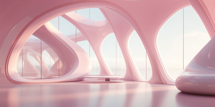 AI illustration of a pink dream house, interior design, luxury, curved portico with huge windows, futuristic digital art, flowing lines, floating structures, soft and dreamy tones, architecture