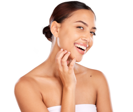 Skincare, beauty and portrait of latin woman isolated on a transparent PNG background for wellness, spa or body care. Dermatology, health and face of happy girl for facial treatment and cosmetics