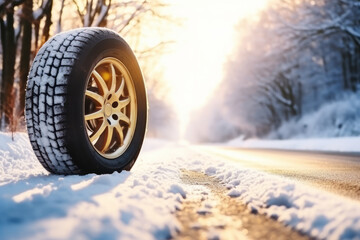 A winter car wheel tire by the side of a snow covered road