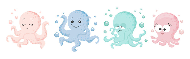 Set of cute cartoon octopus characters. Pastel colors. Design for baby card, stickers, prints, vector