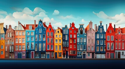 A painting of a row of colorful buildings - obrazy, fototapety, plakaty