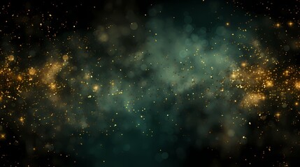 Naklejka premium An abstract backdrop with deep emerald green and rich bronze particles. Radiant autumnal light shine particles bokeh on a forest green background. Bronze foil texture generated with AI technology