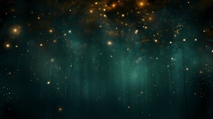 Fototapeta premium An abstract backdrop with deep emerald green and rich bronze particles. Radiant autumnal light shine particles bokeh on a forest green background. Bronze foil texture generated with AI technology