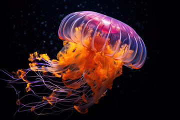 Naklejka premium A vibrant jellyfish glides gracefully in deep blue waters. Its luminous tentacles create a captivating dance of colors