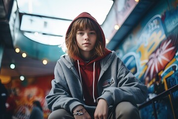 young cool teenage girl wearing jean denim jacket and wool cap with graffiti art wall tunnel background, Generative Ai - obrazy, fototapety, plakaty