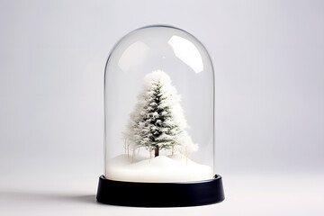 Transparent dome with Christmas tree covered with white snow inside isolated on grey background. Decorative object for new year celebration.