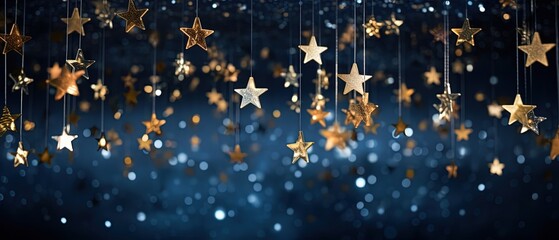 hanging golden star ornament room decoration for festive theme, blue background,  Generative Ai	
