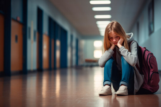 Girl with backpack sad and alone crying in the school hallway. Bullying, adhd and autism.