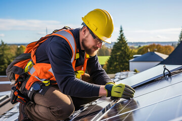 A rooftop installer installs solar panels