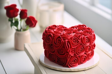 Herzförmiger roter Kuchen, verziert mit Rosen aus Marzipan, steht auf einem weißen Holztisch in einer Küche, mit einer Vase im verschwommenen Hintergrund. Kuchen für Valentinstag oder Hochzeit