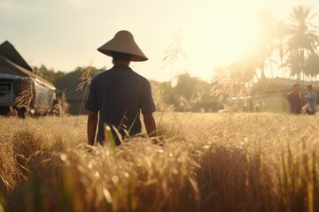 Farmers woring in the rice farm checking and examine .Agriculture innovation and cultivation concept