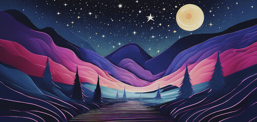 colorata illustrazione con paesaggio notturno, cielo stellato con grande luna su immaginarie valli e pendii