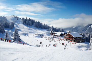 Fototapeta na wymiar Ski resort in winter. Skiers ride down the slope. Beautiful mountains and the blue sky, winter landscape