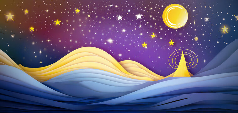 colorata illustrazione con paesaggio notturno, cielo stellato con grande luna su immaginarie valli e pendii