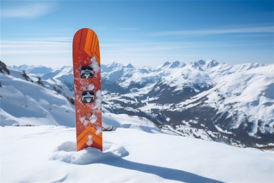 Snowboard in the snow over sun lit mountain peaks on background - winter vacation image