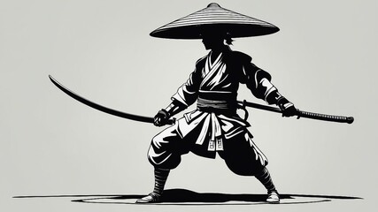 black and cartoon illustration of a man with sword anime    ancient Japanese samurai training cartoon character
