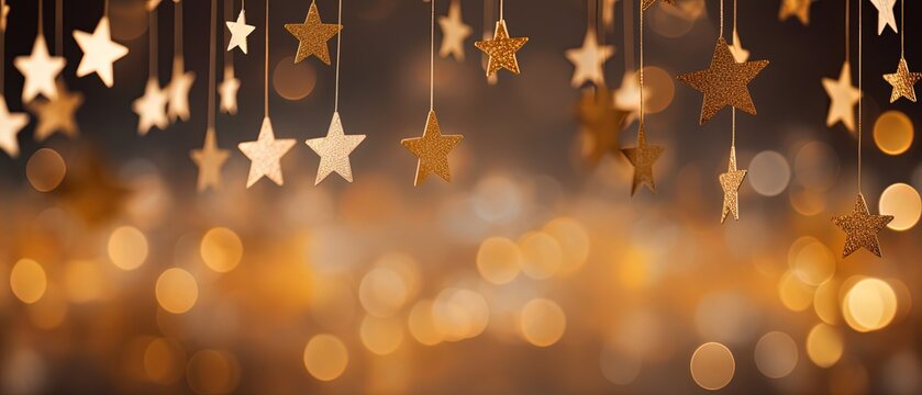 hanging golden star ornament room decoration for festive theme, gold background, Generative Ai	
