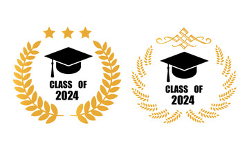 Set of class of 2024 graduation award emblem design template. Graduation cap with laurel wreath in gold color. Concept for shirt, print, seal, overlay or stamp, greeting, invitation card
